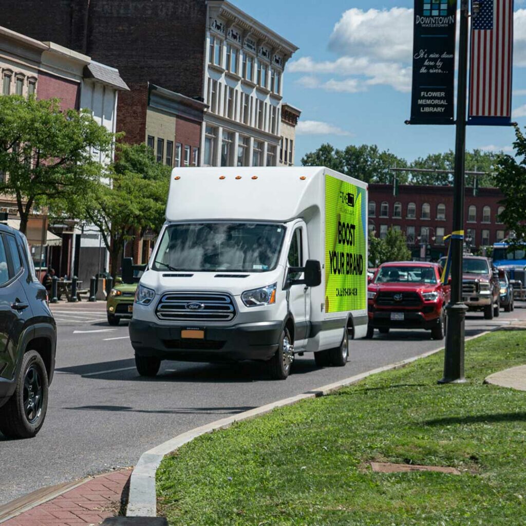 Our digital mobile billboard truck displaying ads while in traffic on the Public Square in Watertown, New York